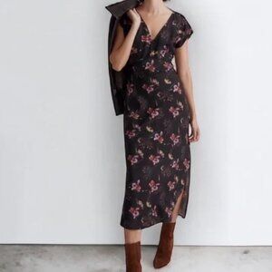 Madewell V-Neck Midi Dress - Black/Floral - Size 8